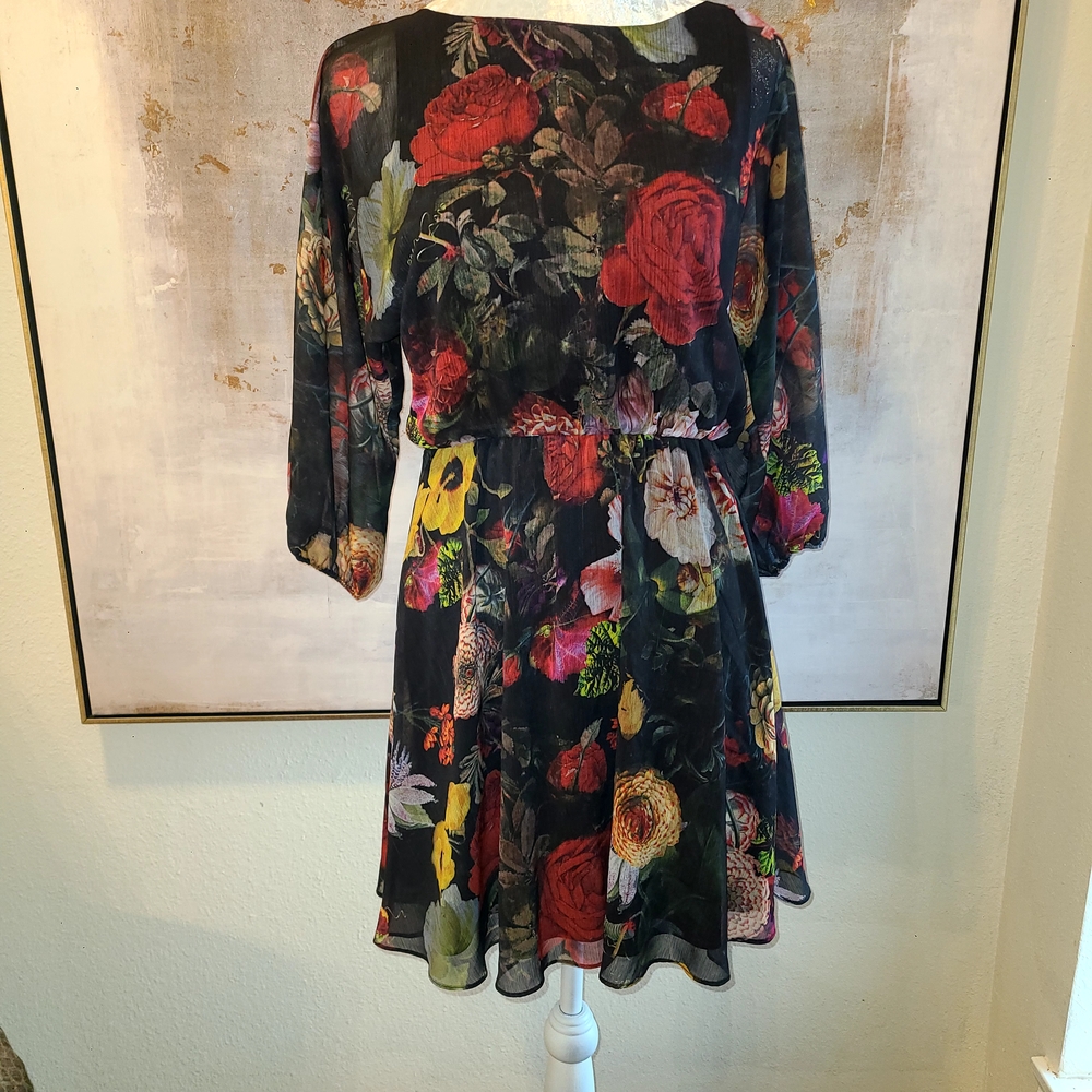Alice + Olivia Black Floral Mini Dress with Red & Yellow Accents